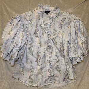 GIGIO Floral Whimsy Puff Sleeve Ruffle Neck Blouse